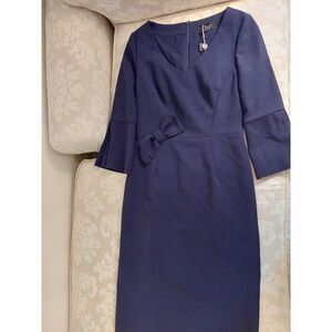 NEW! Clips Midnight Blue Dress With Bow And Bell‎ Sleeves Italian 42 = US 6 $957